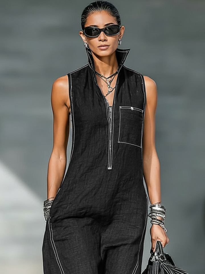Sleeveless Jumpsuit with White Trim