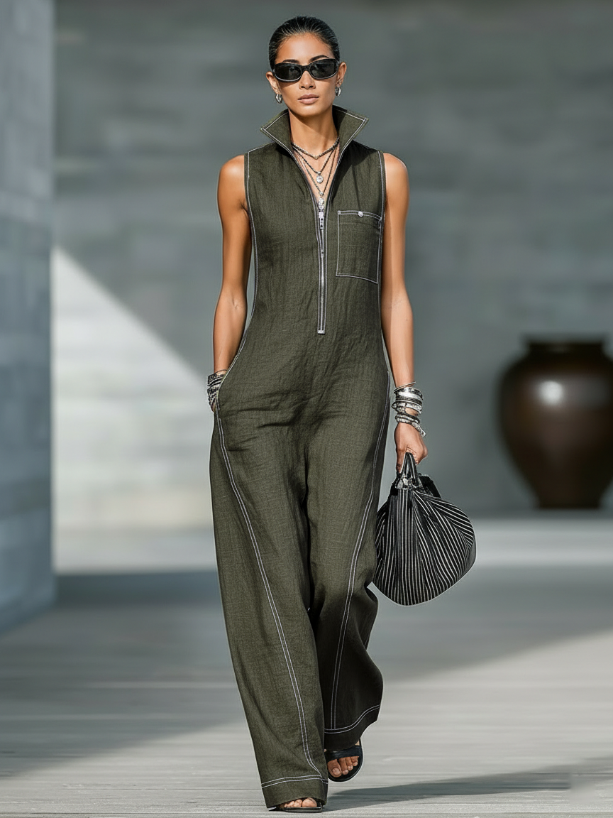 Sleeveless Jumpsuit with White Trim
