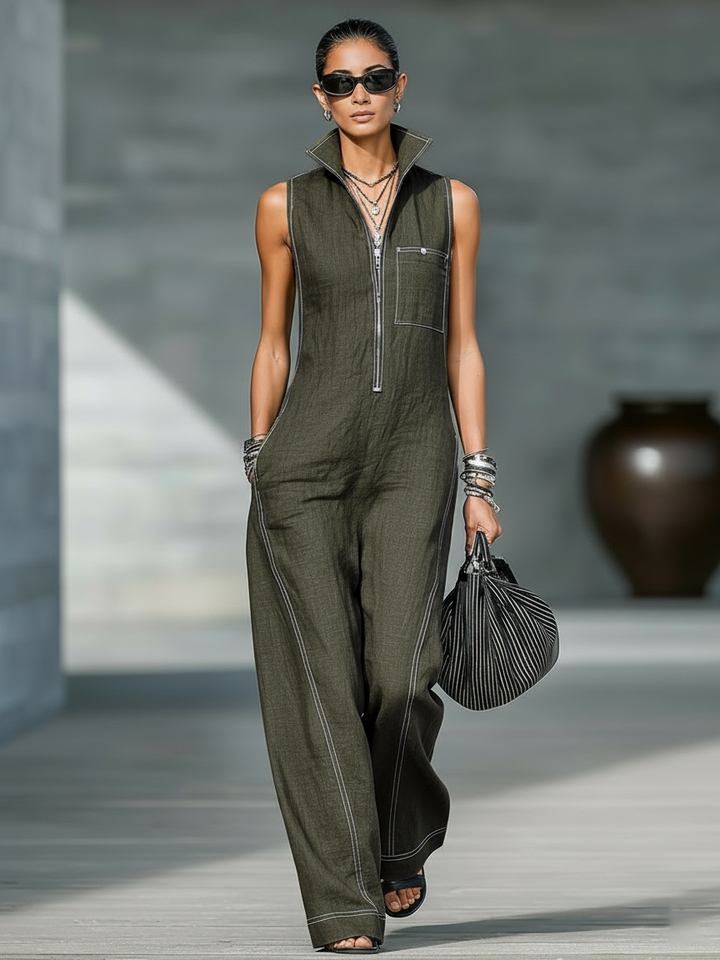 Sleeveless Jumpsuit with White Trim