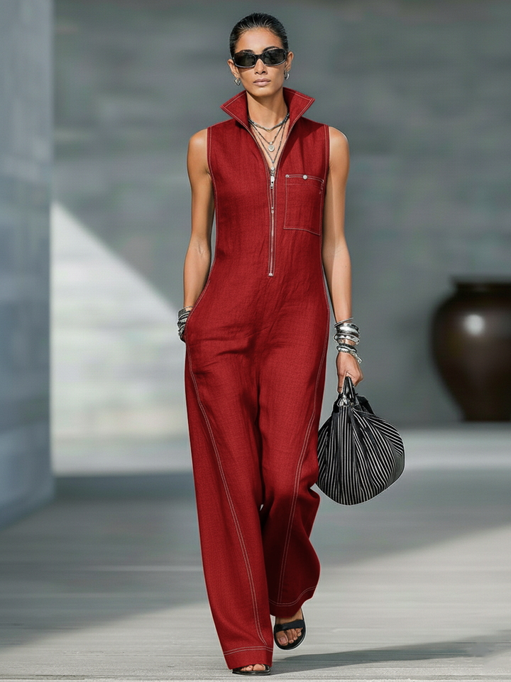Sleeveless Jumpsuit with White Trim