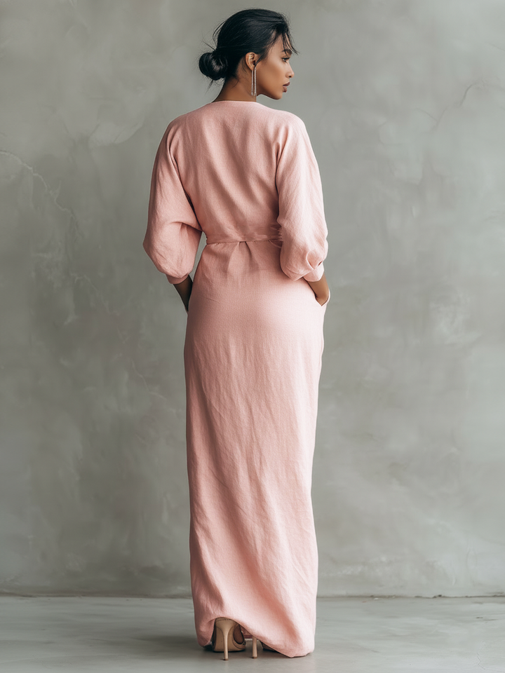 Pink Linen-Blend V-Neck Maxi Dress