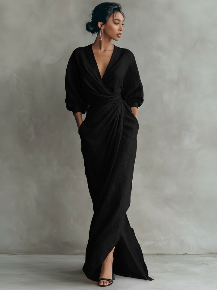 Pink Linen-Blend V-Neck Maxi Dress