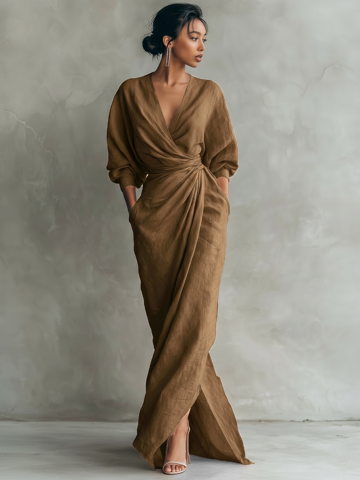 Emma - Minimalist Pink Linen-Blend V-Neck Dress