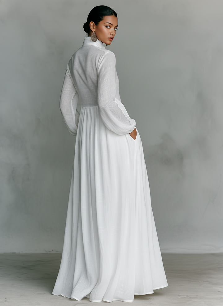 Patchwork Linen-Blend Maxi Dress with Stand Collar