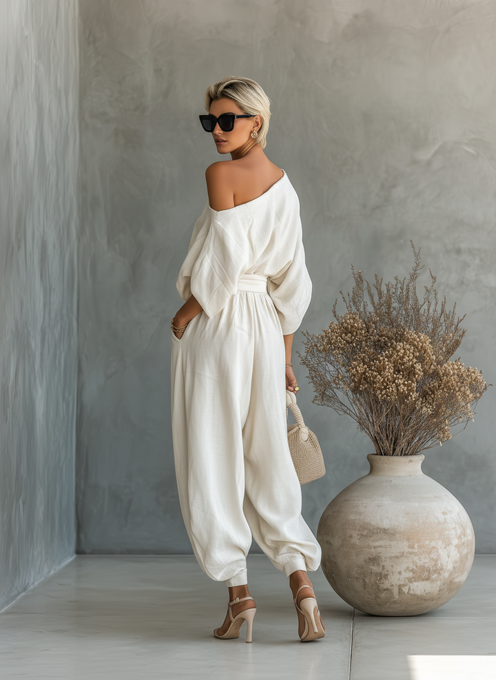 Off-Shoulder Linen-Blend Pants Set