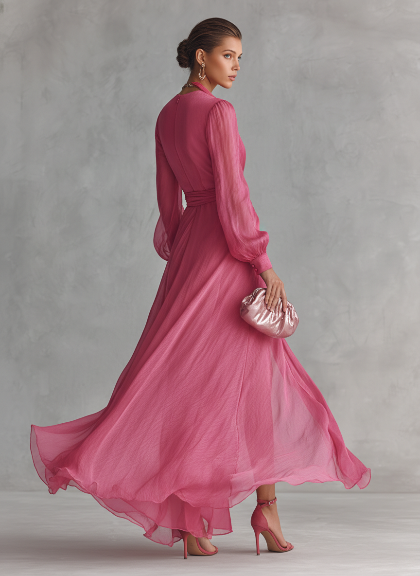 Pink Beaded Chiffon V-Neck Dress