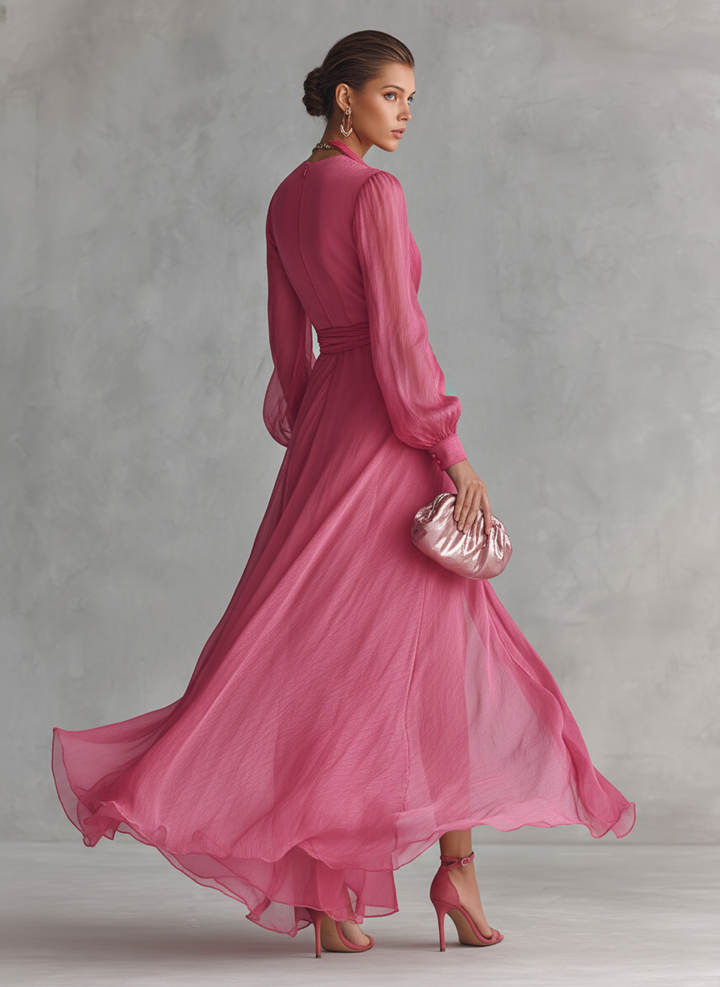 Pink Beaded Chiffon V-Neck Dress