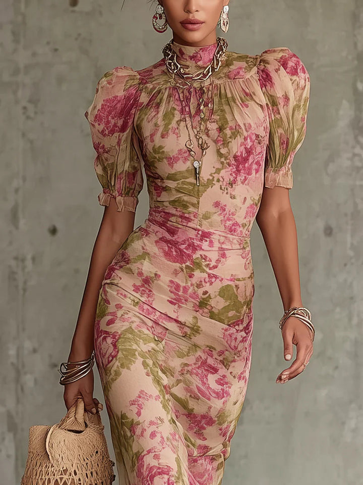 Fiora - Vintage Rose Print Maxi Dress with Puff Sleeves