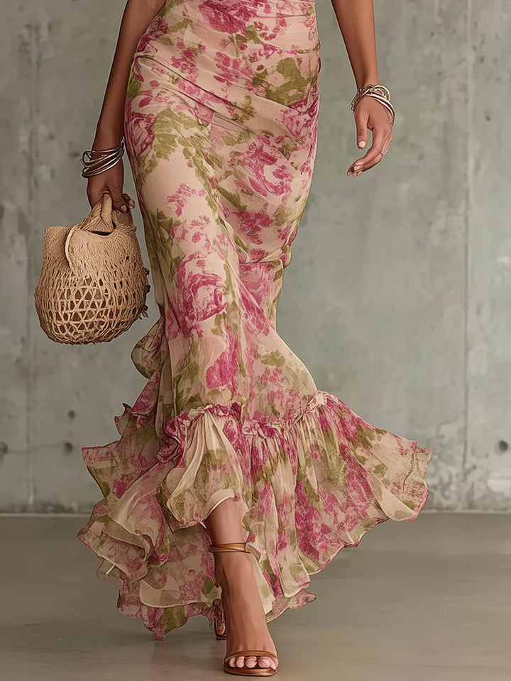 Fiora - Vintage Rose Print Maxi Dress with Puff Sleeves