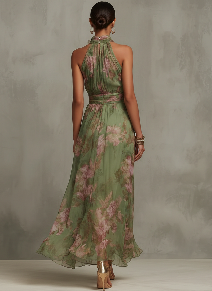Serena - Green Floral Chiffon Maxi Dress with Halter Neckline