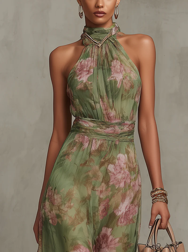 Serena - Green Floral Chiffon Maxi Dress with Halter Neckline