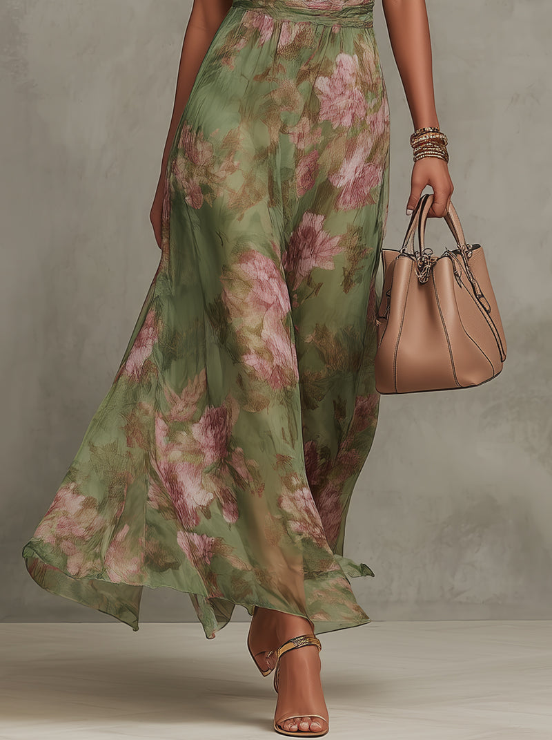Serena - Green Floral Chiffon Maxi Dress with Halter Neckline