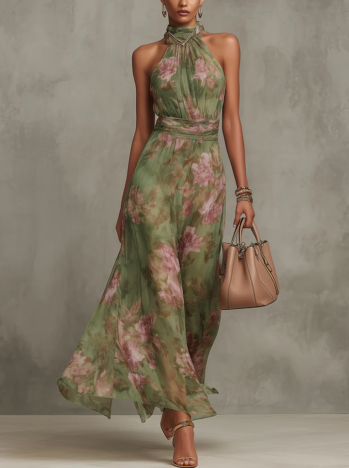 Serena - Green Floral Chiffon Maxi Dress with Halter Neckline
