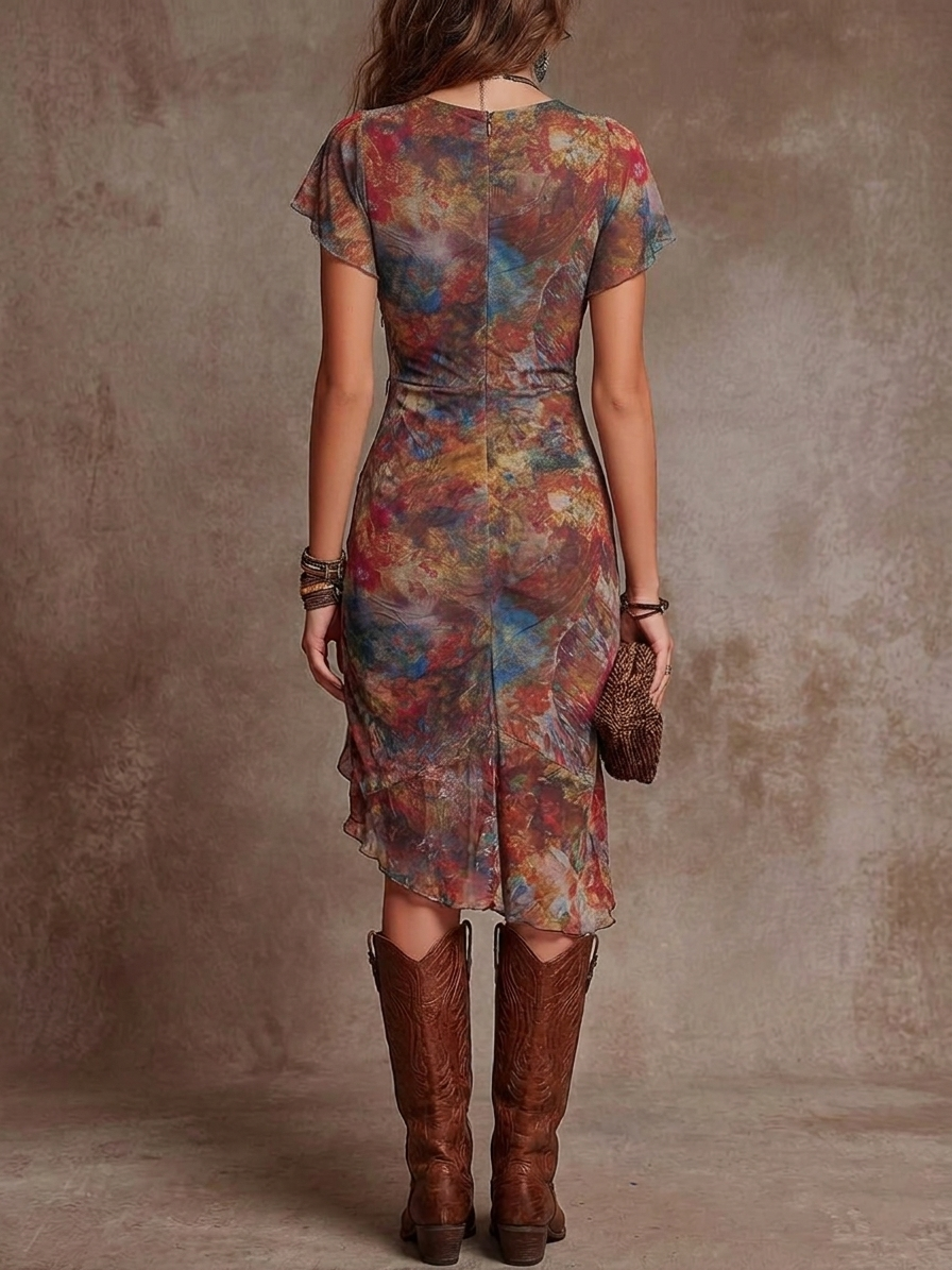 Martina - Bohemian Abstract Print Pleated V-Neck Midi Dress