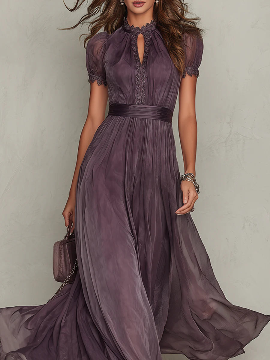 Flavia - Purple Chiffon Maxi Dress with Keyhole Neckline and Lace Trim