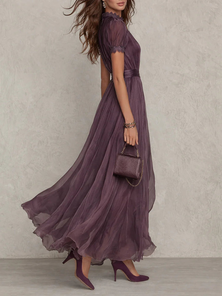 Flavia - Purple Chiffon Maxi Dress with Keyhole Neckline and Lace Trim