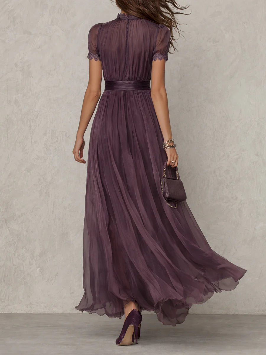 Flavia - Purple Chiffon Maxi Dress with Keyhole Neckline and Lace Trim