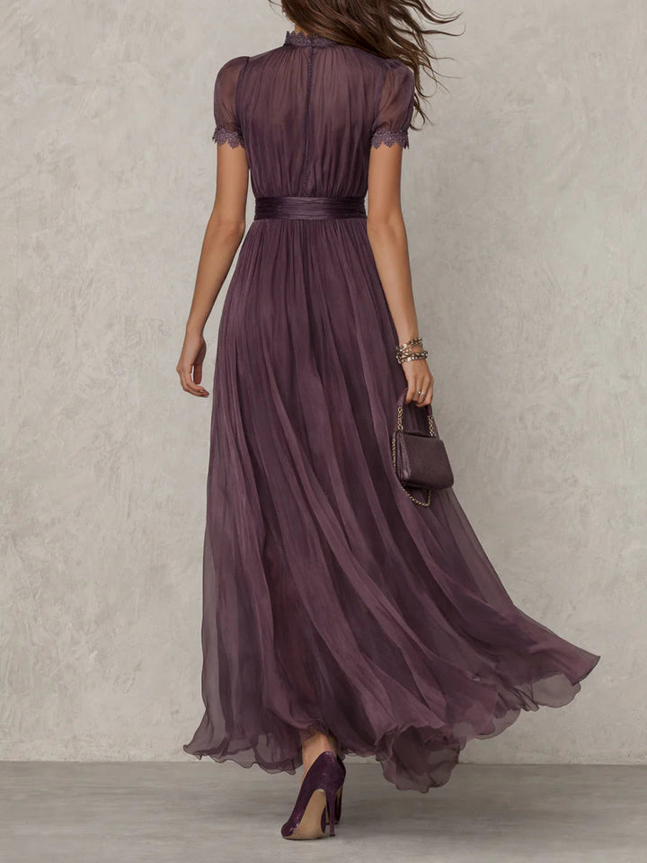 Flavia - Purple Chiffon Maxi Dress with Keyhole Neckline and Lace Trim