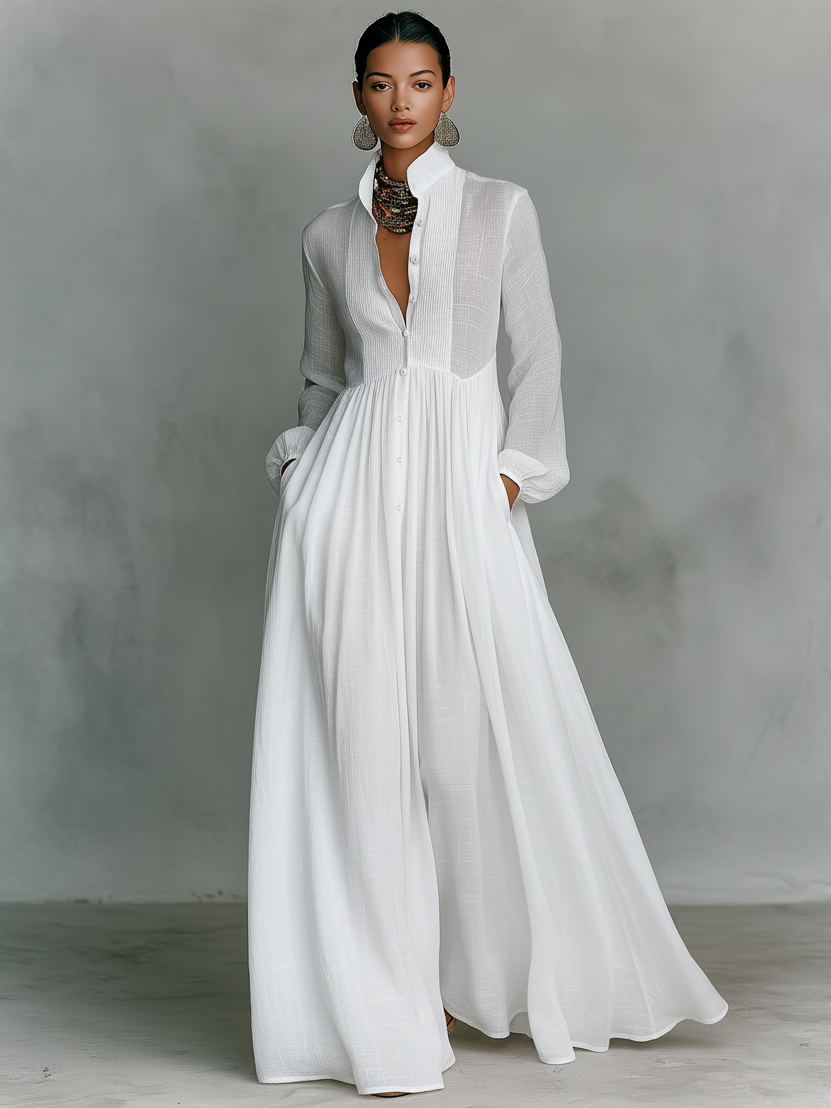Patchwork Linen-Blend Maxi Dress with Stand Collar