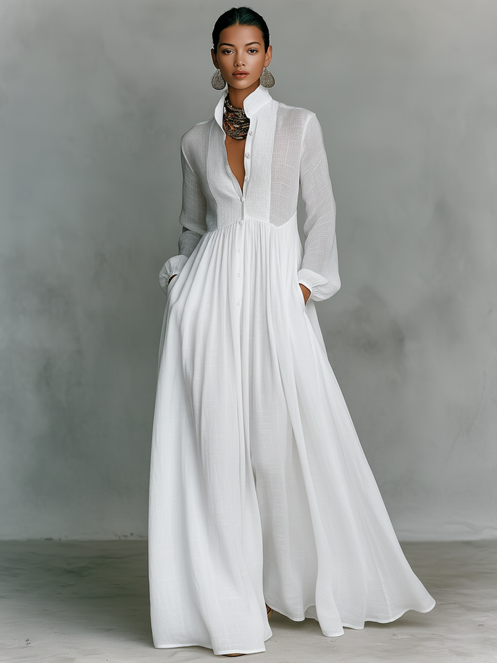 Patchwork Linen-Blend Maxi Dress with Stand Collar