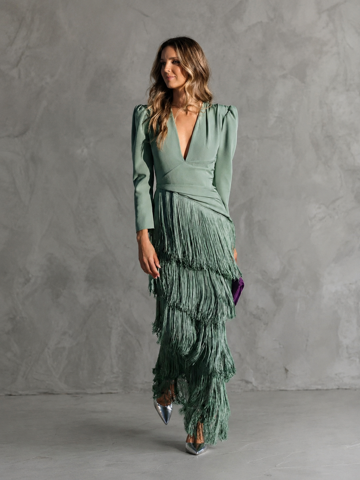 Alessia - Elegant Midi Dress with Fringe Sleeves
