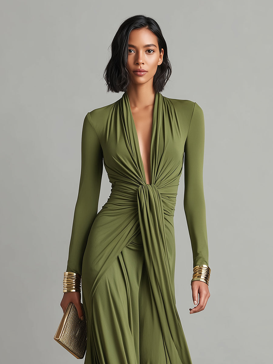 Olive Silk-Feel V-Neck Maxi Dress