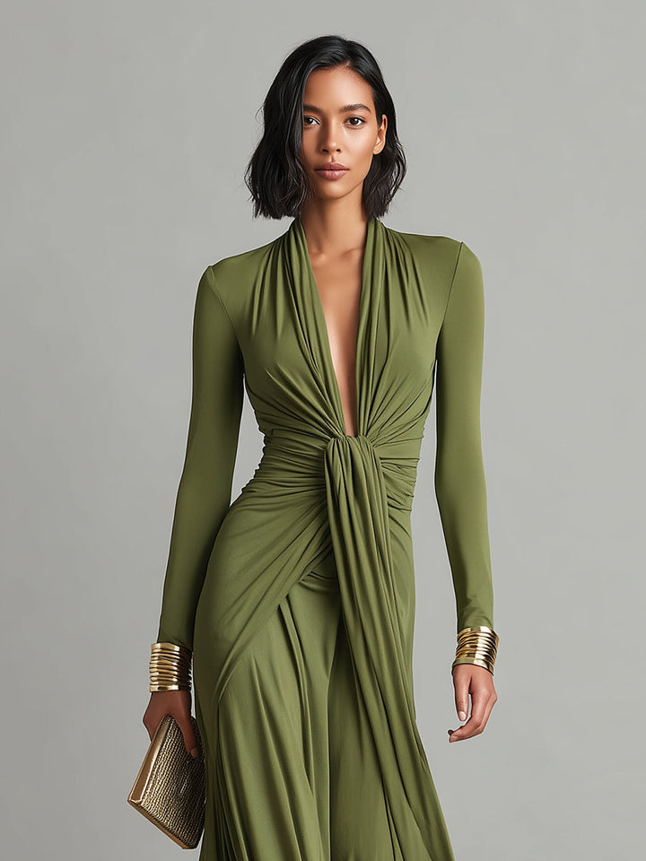 Olive Silk-Feel V-Neck Maxi Dress