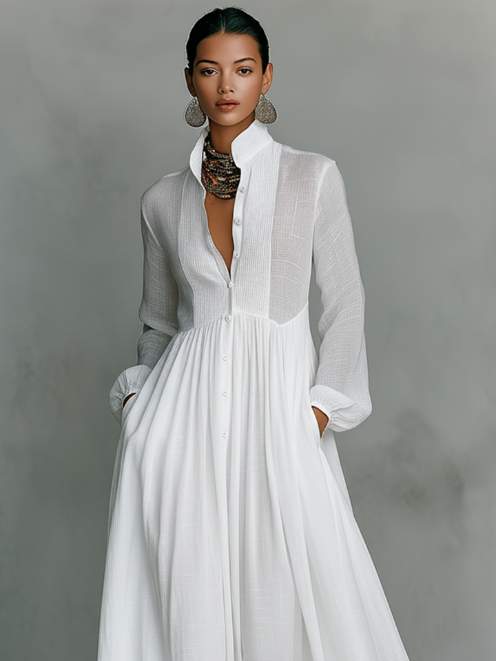 Patchwork Linen-Blend Maxi Dress with Stand Collar