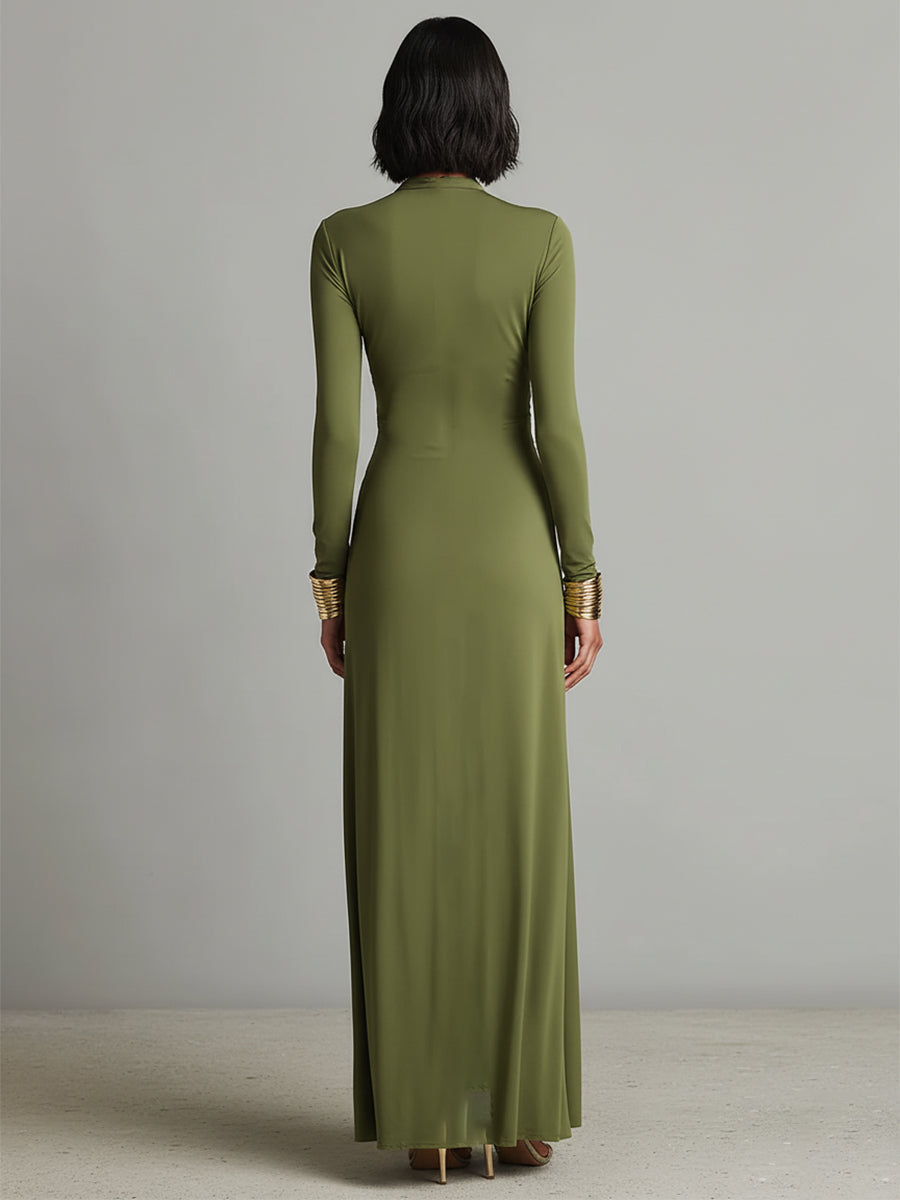 Olive Silk-Feel V-Neck Maxi Dress