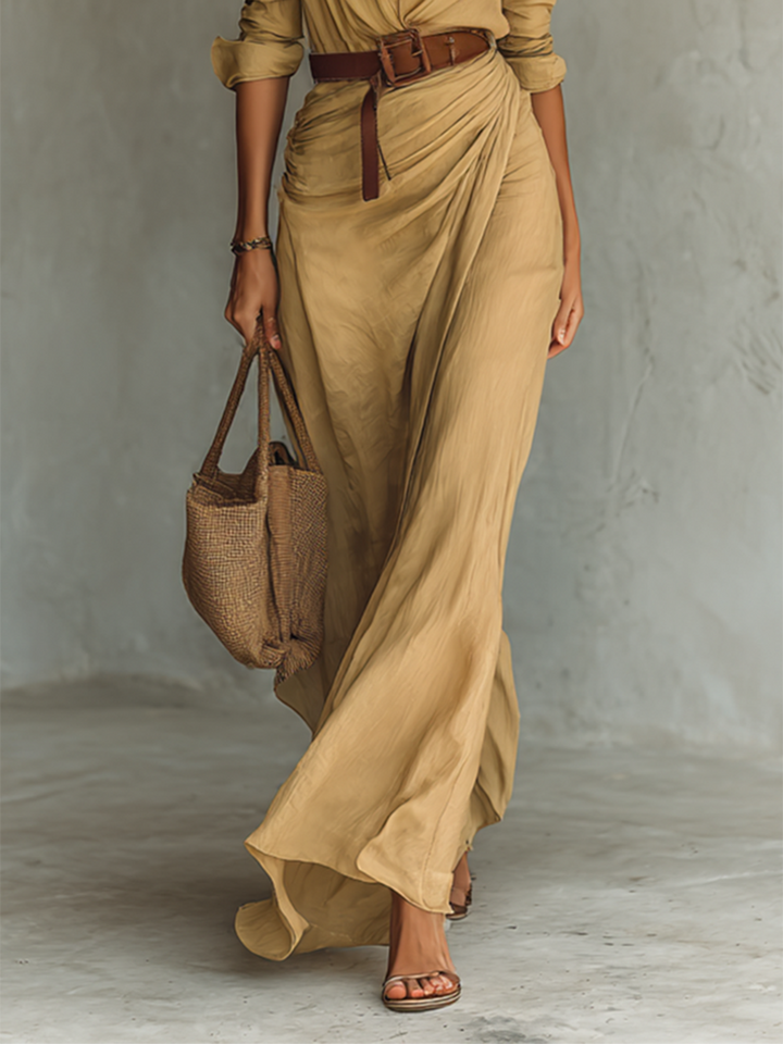 Long-Sleeve Maxi Dress with Lapel Collar
