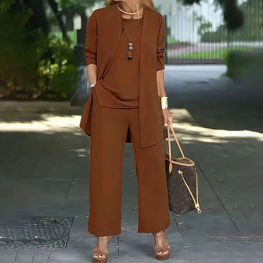 Laney™ Elegant Casual Three-Piece Set | Coordinated Top, Cardigan & Wide-Leg Trousers