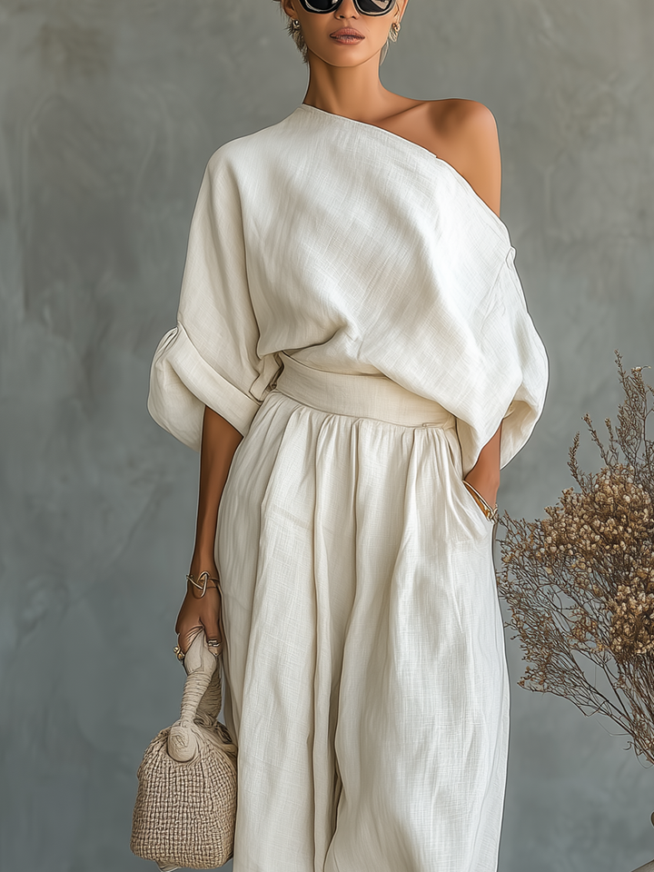 Off-Shoulder Linen-Blend Pants Set