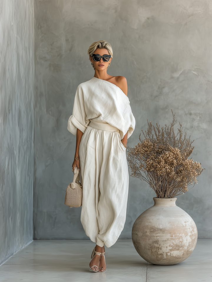 Off-Shoulder Linen-Blend Pants Set