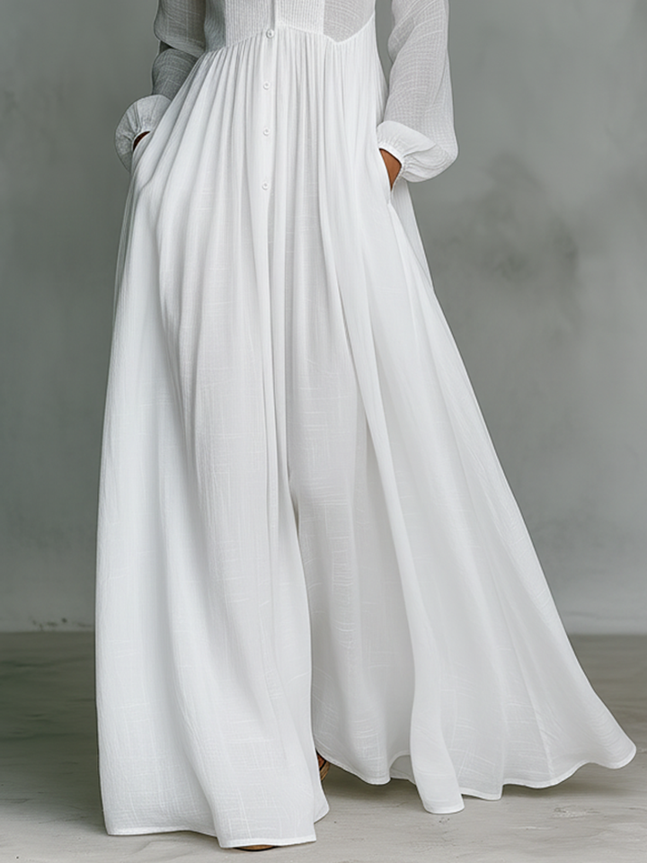 Patchwork Linen-Blend Maxi Dress with Stand Collar