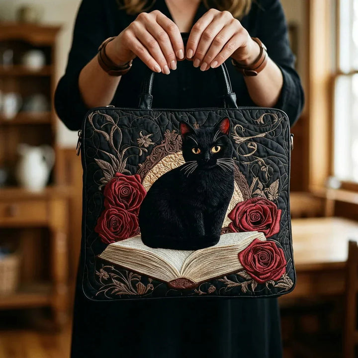 Black Cat on Books Quilted Artisan Tote Bag