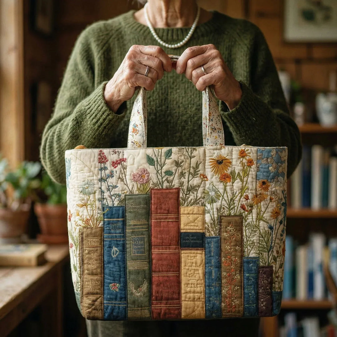 Books and Blooms Quilted Artisan Tote Bag