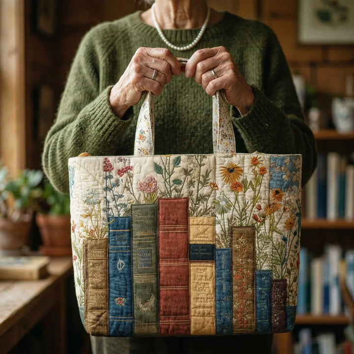 Books and Blooms Quilted Artisan Tote Bag