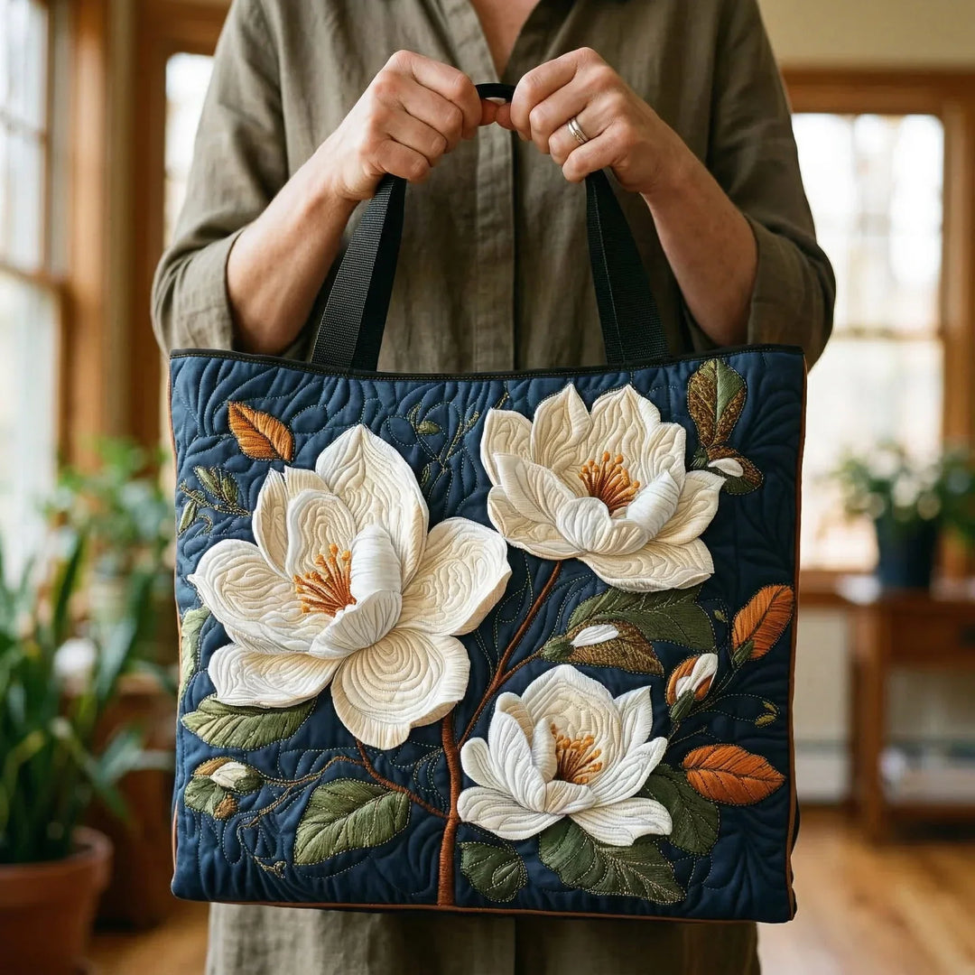 Delicate Magnolia Quilted Artisan Tote Bag