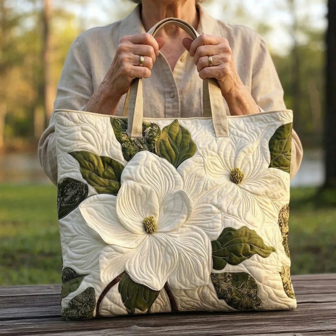 Elegant White Lilies Quilted Artisan Tote Bag