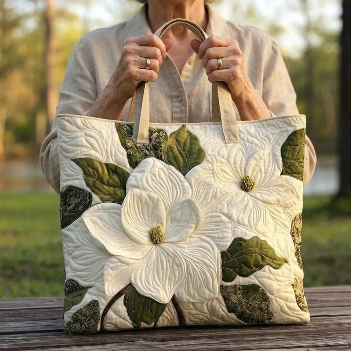Elegant White Lilies Quilted Artisan Tote Bag