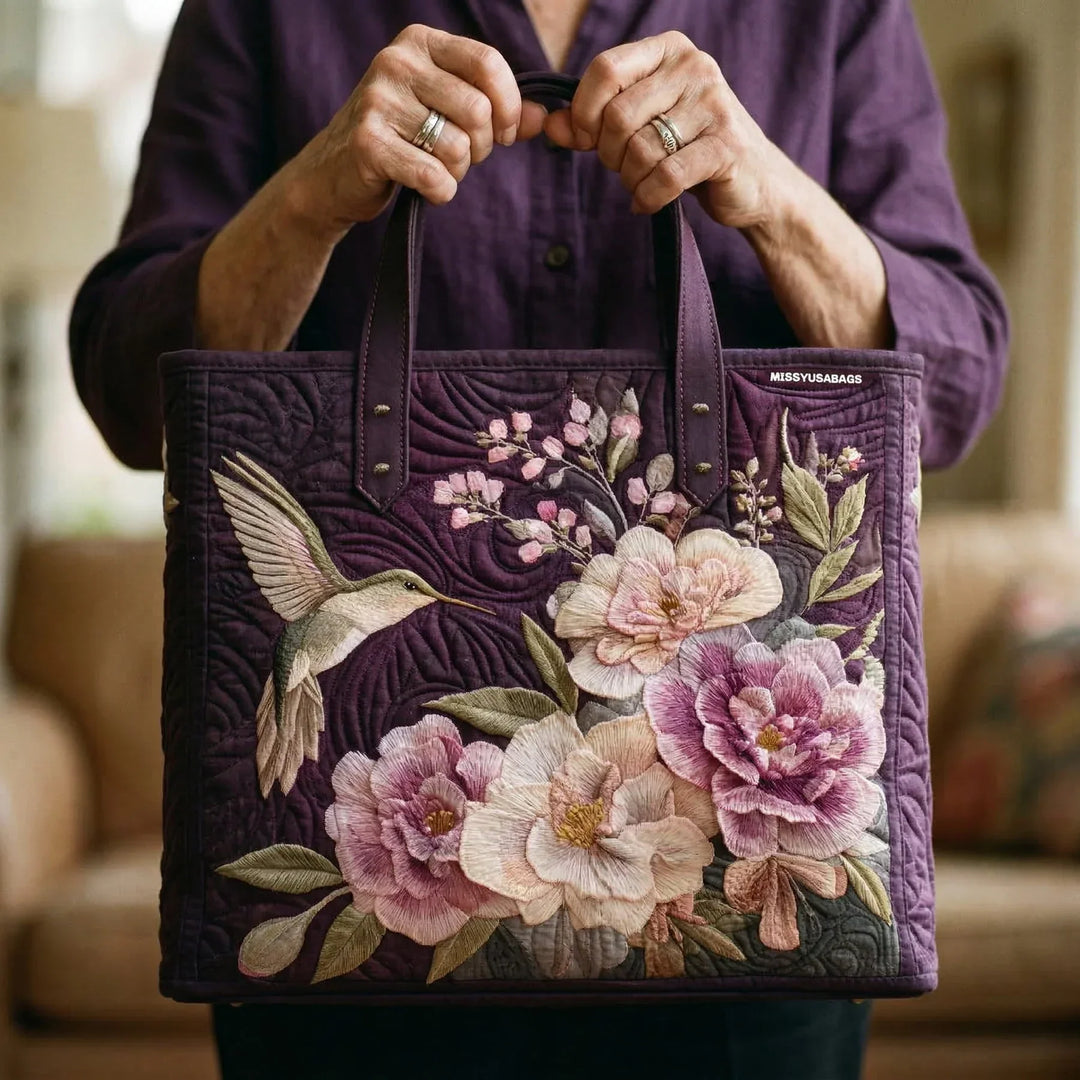 Hummingbirds and Orchids Quilted Artisan Tote Bag