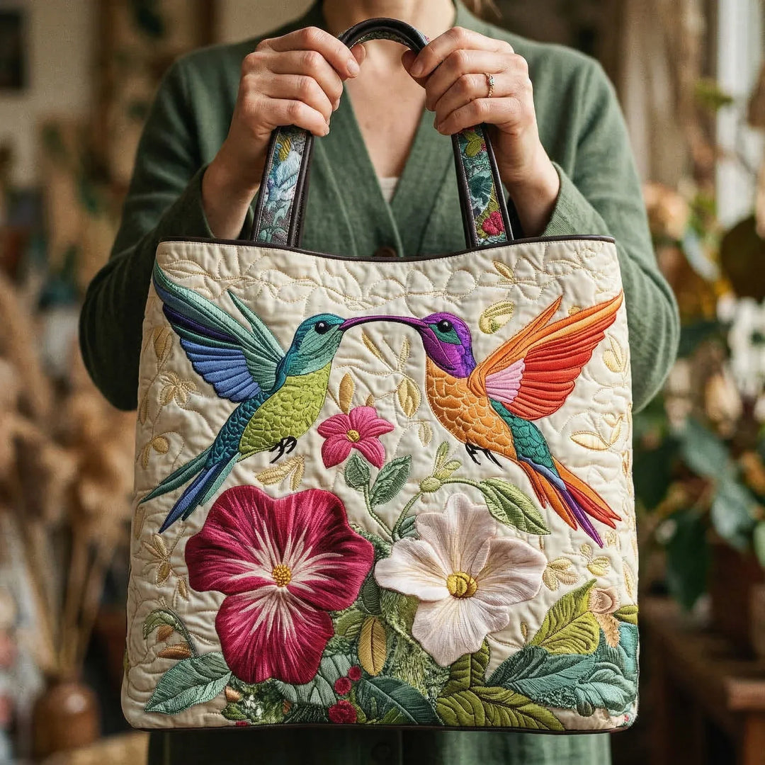Hummingbird and White Flowers Quilted Tote Bag