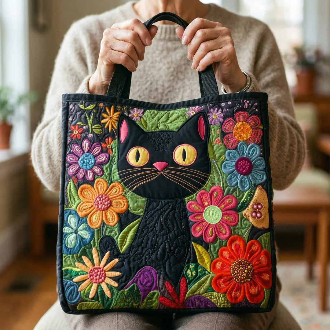 Enchanted Black Cat Quilted Tote Bag