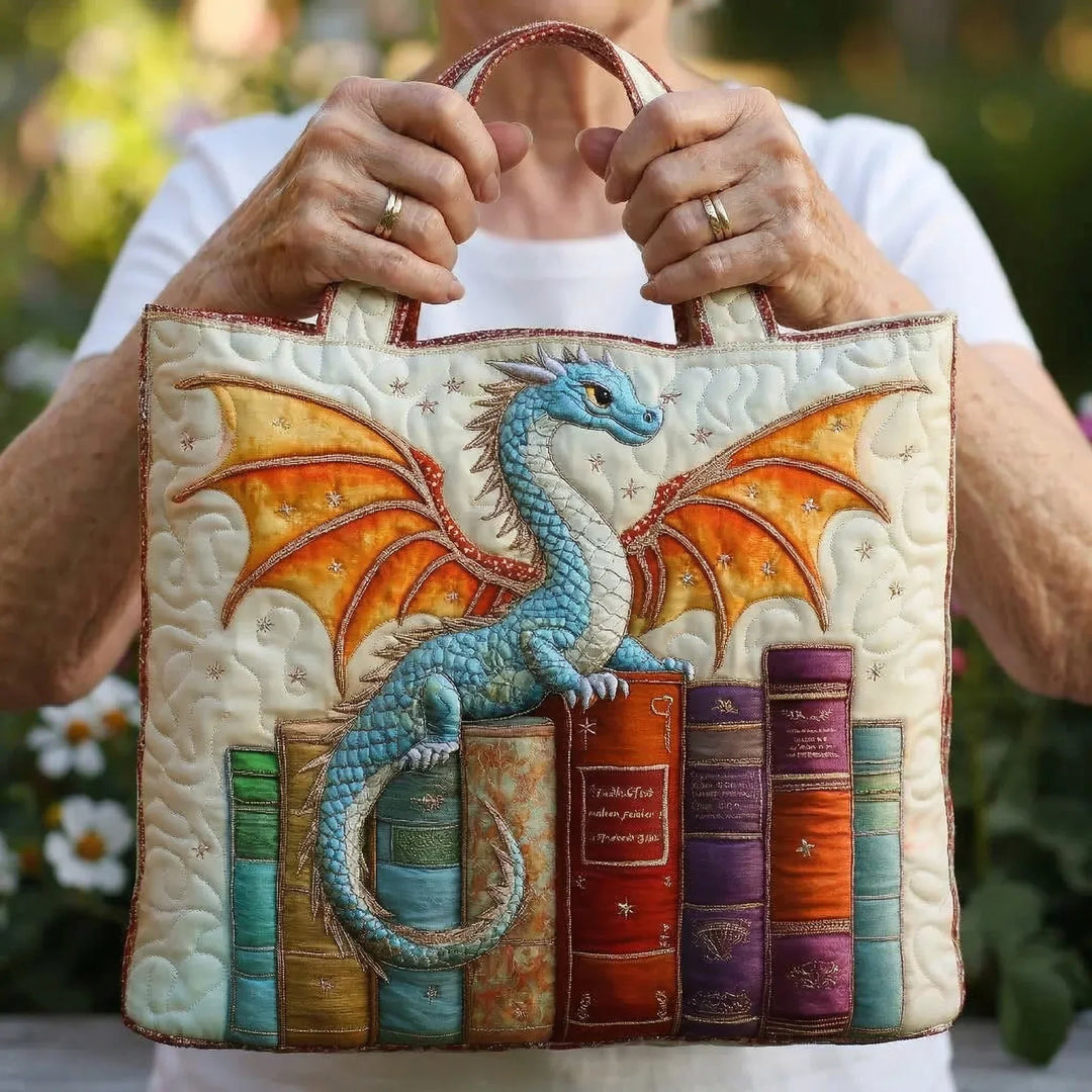 Emerald Book Guardian Dragon Quilted Tote Bag