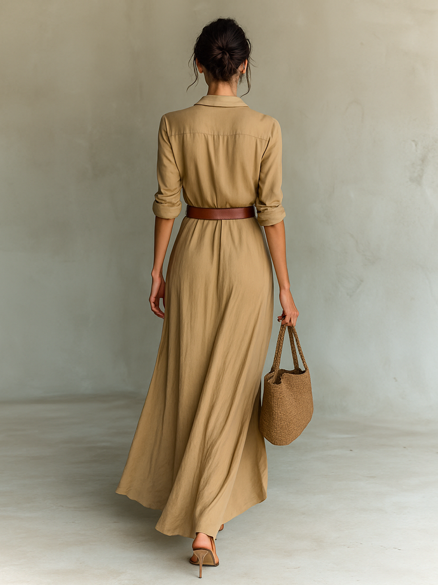 Long-Sleeve Maxi Dress with Lapel Collar