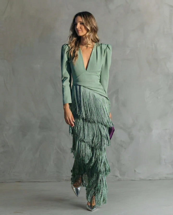 Alessia - Elegant Midi Dress with Fringe Sleeves