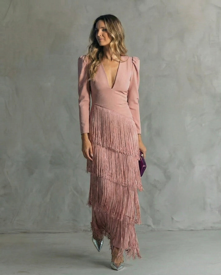 Alessia - Elegant Midi Dress with Fringe Sleeves