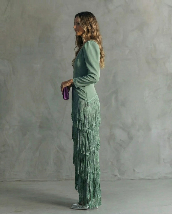 Alessia - Elegant Midi Dress with Fringe Sleeves