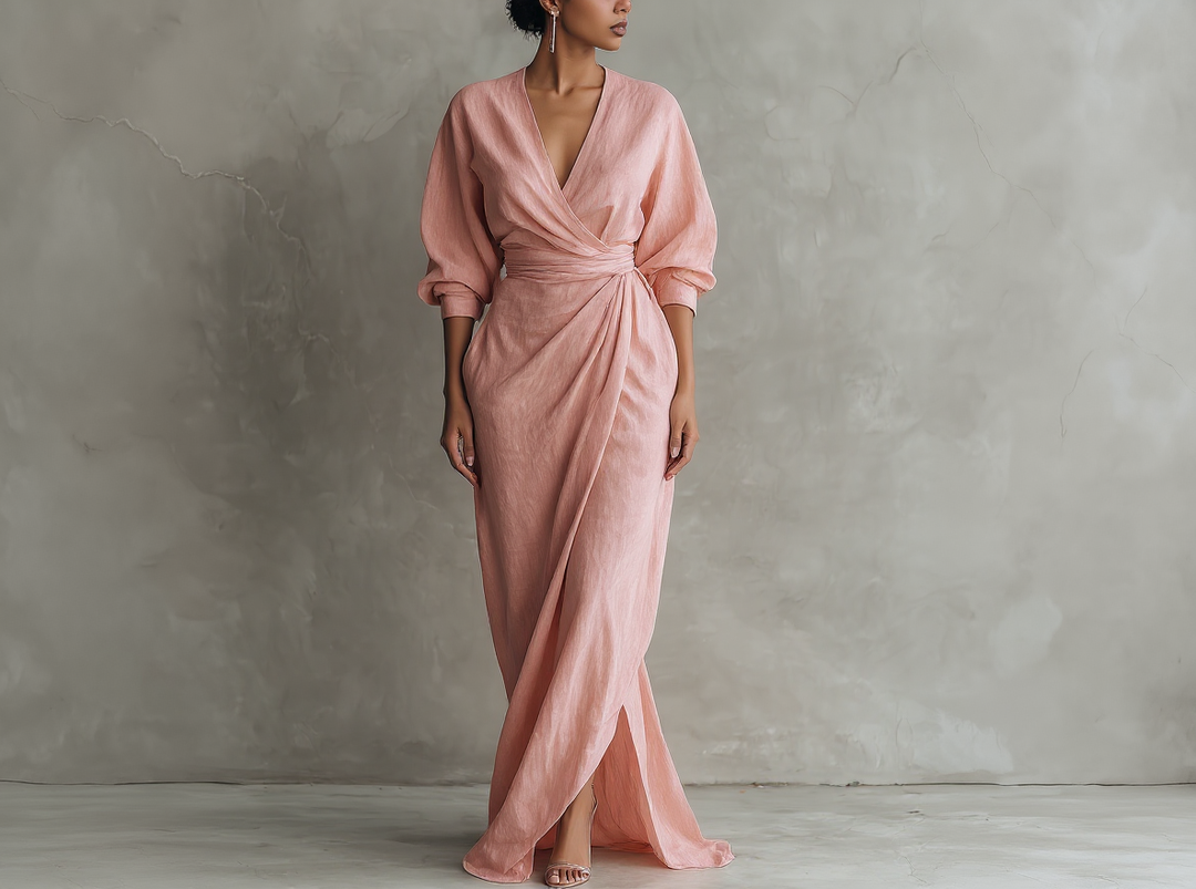 Emma - Minimalist Pink Linen-Blend V-Neck Dress