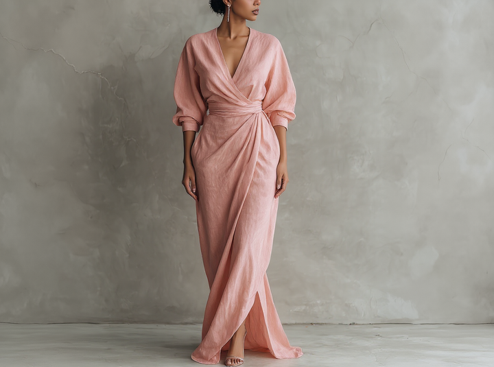 Emma - Minimalist Pink Linen-Blend V-Neck Dress